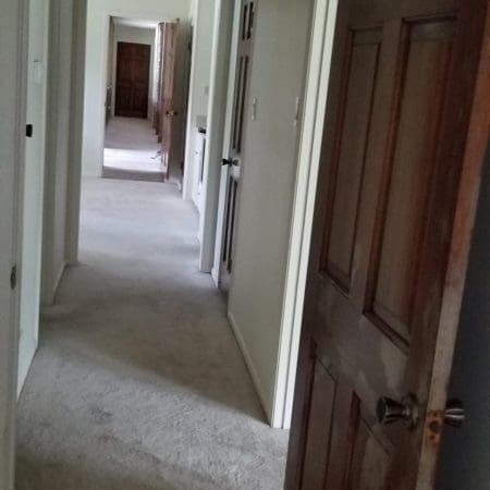 A hallway featuring two doors on either side, with a soft carpet covering the floor.